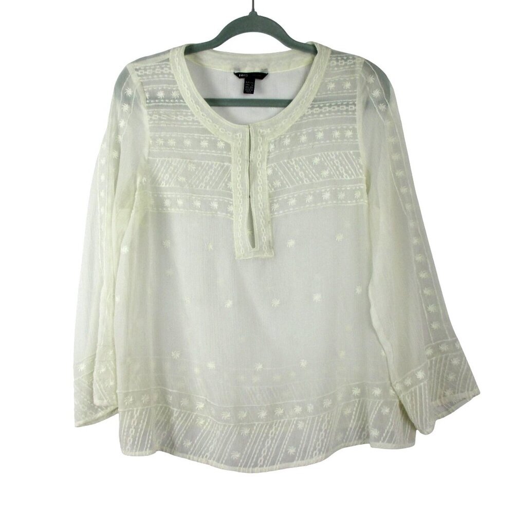 MNG Mango Blouse Semi Sheer White Embroidered XL Boho Peasant Summer